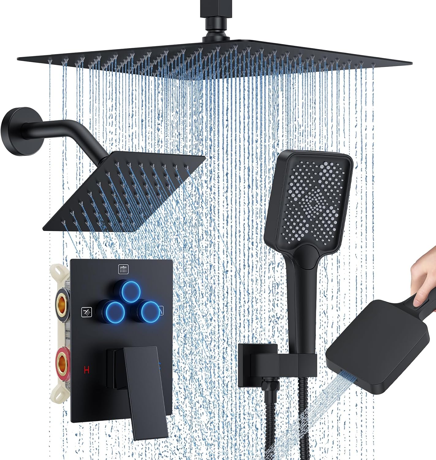Shower Faucet Set, 12' Ceiling Mount Rainfall Shower System with 12'' Top Head+6'' Side Head and Multi-function Handheld Head Push Button Diverter Shower Faucet Trim Kit (12', Matte Black)