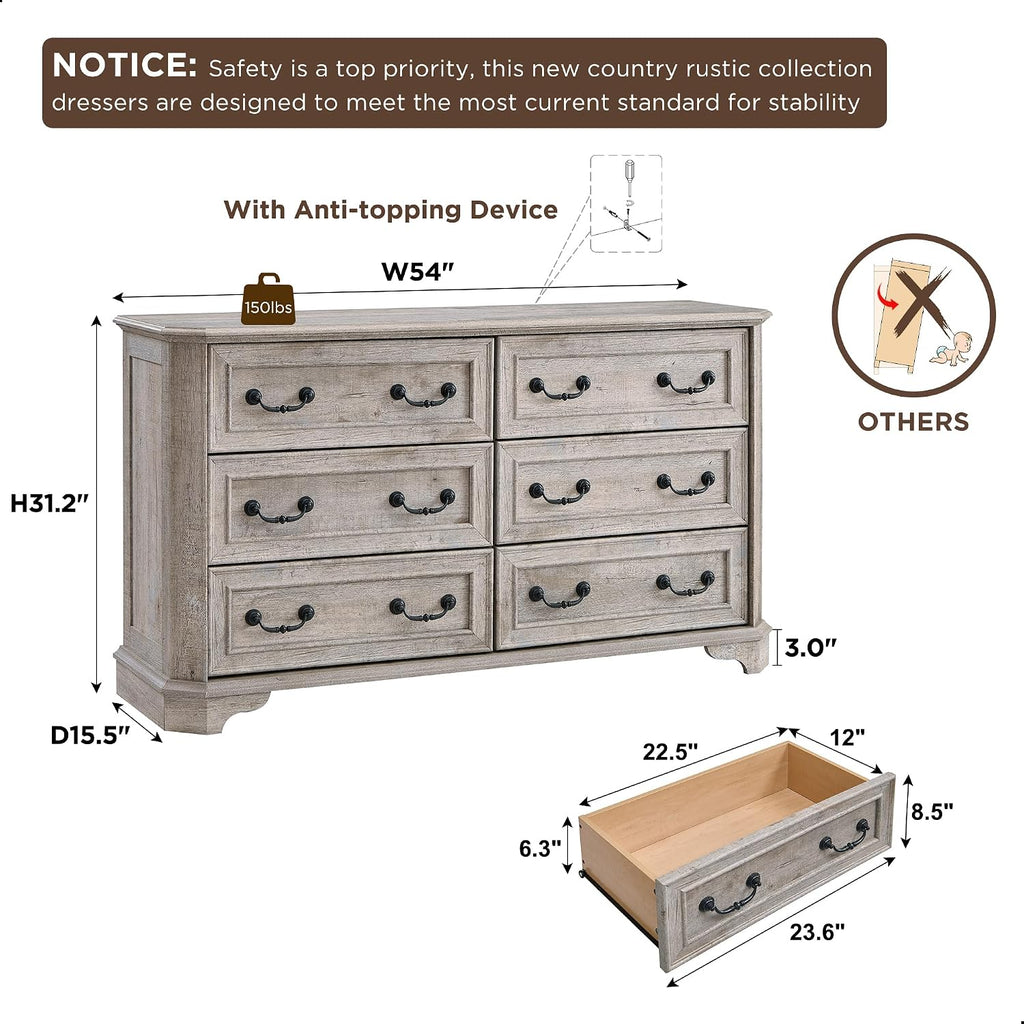 T4TREAM Farmhouse 6 Drawers Dresser for Bedroom, 54' Wide Wood Rustic Chest of Drawers with Natural Texture, Vintage Design, Storage Dressers Organizer for Bedroom, Living Room Light Rustic Oak