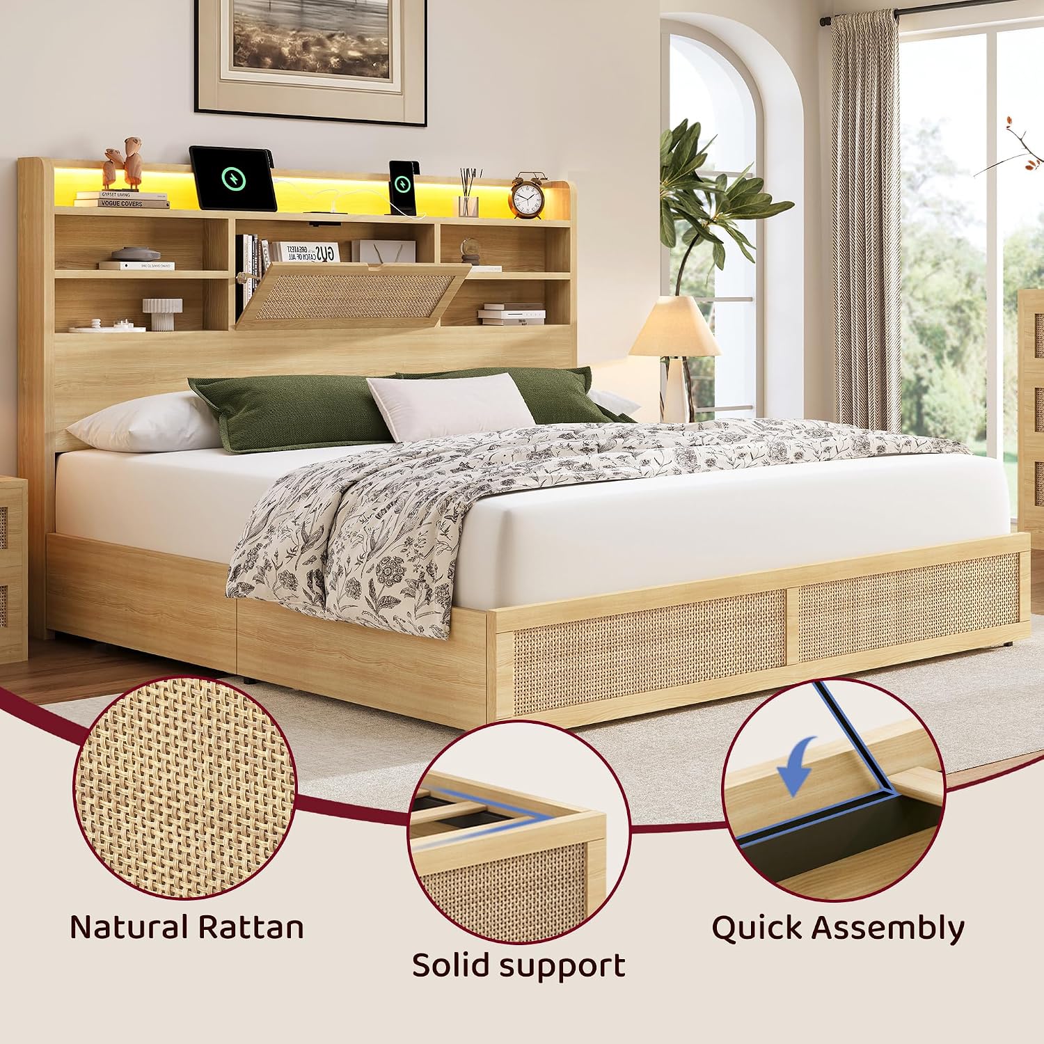 BRELTAM Queen Size Rattan Bed Frame with 4 Storage Drawers and 51.3' Tall Hidden Storage Headboard Wooden Platform Bed Frame with LED Lights and Charging Station, No Box Spring Needed, Natural