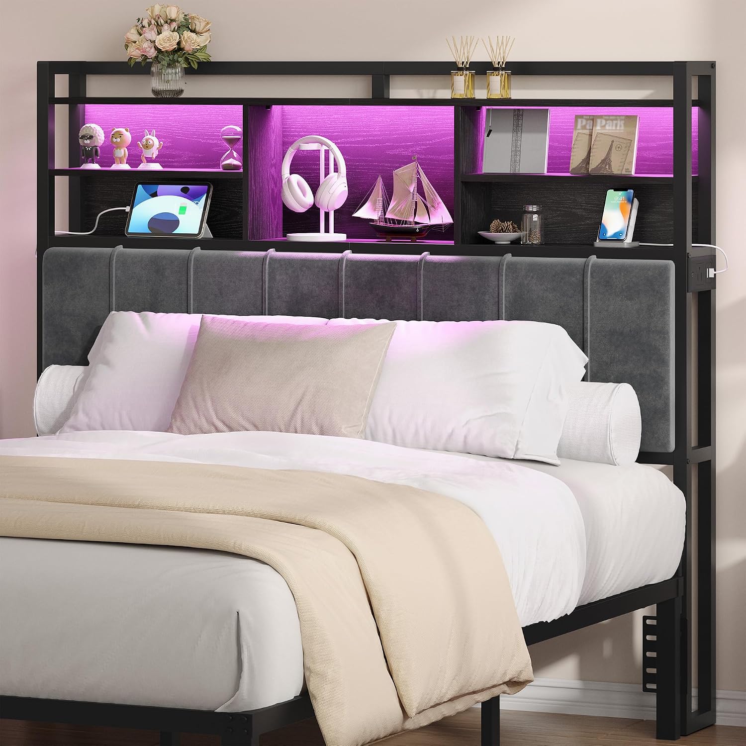 Hzuaneri Headboard with 3-Tier Storage Shelves, Velvet Upholstered Head Board with 2 Outlets, USB Ports & LED Light, Soft Backrest for Queen Size Bed, Black BH15204B