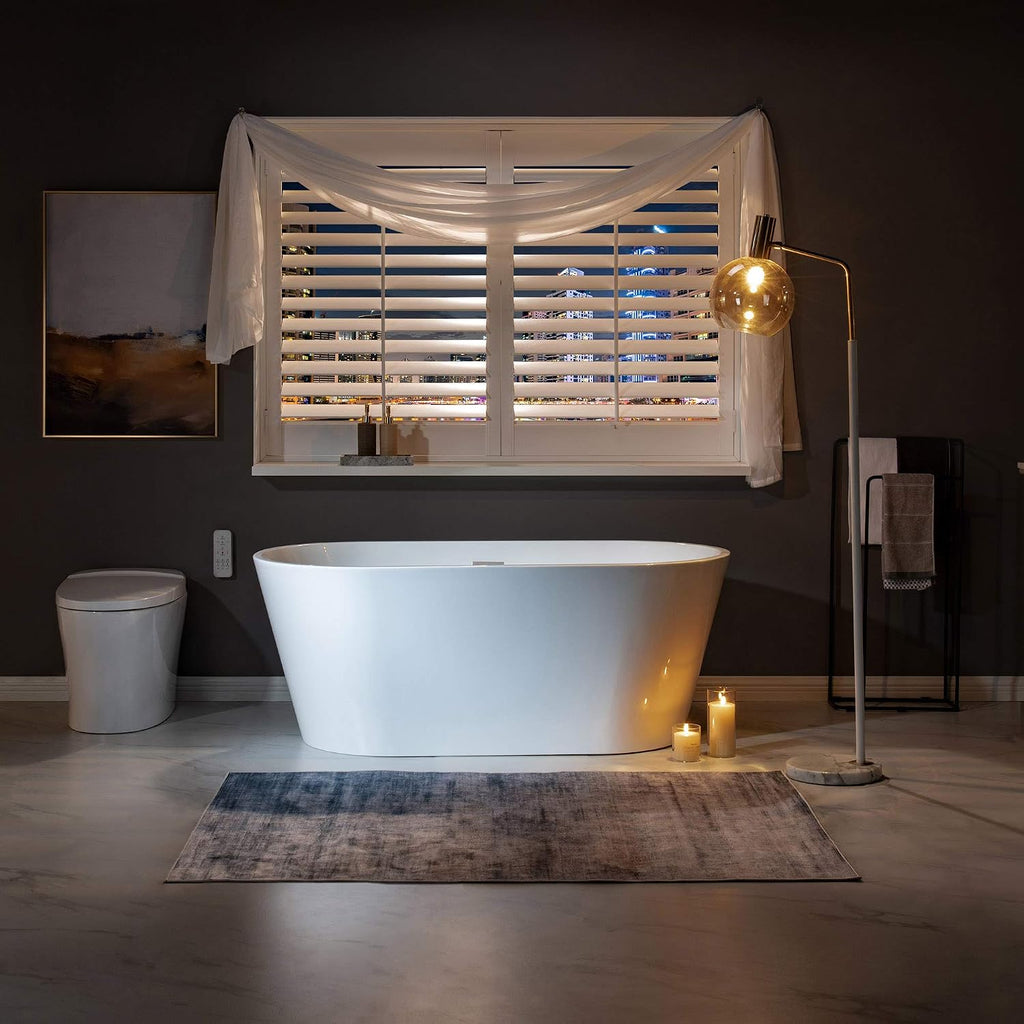 WOODBRIDGE 59' Acrylic Freestanding Bathtub Contemporary Soaking Tub, White Acrylic,Chrome Drain/Overflow,B 0014-C