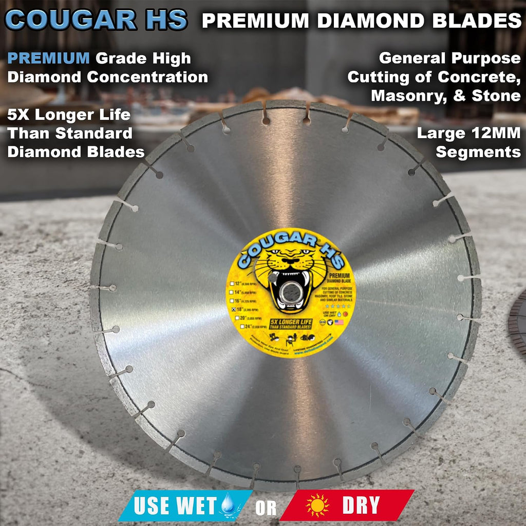 Cougar HS 18 Inch Diamond Concrete Saw Blade, Premium General Purpose Segmented Blade, Dry/Wet Cutting Concrete, Masonry, Brick, & Block 1' Arbor