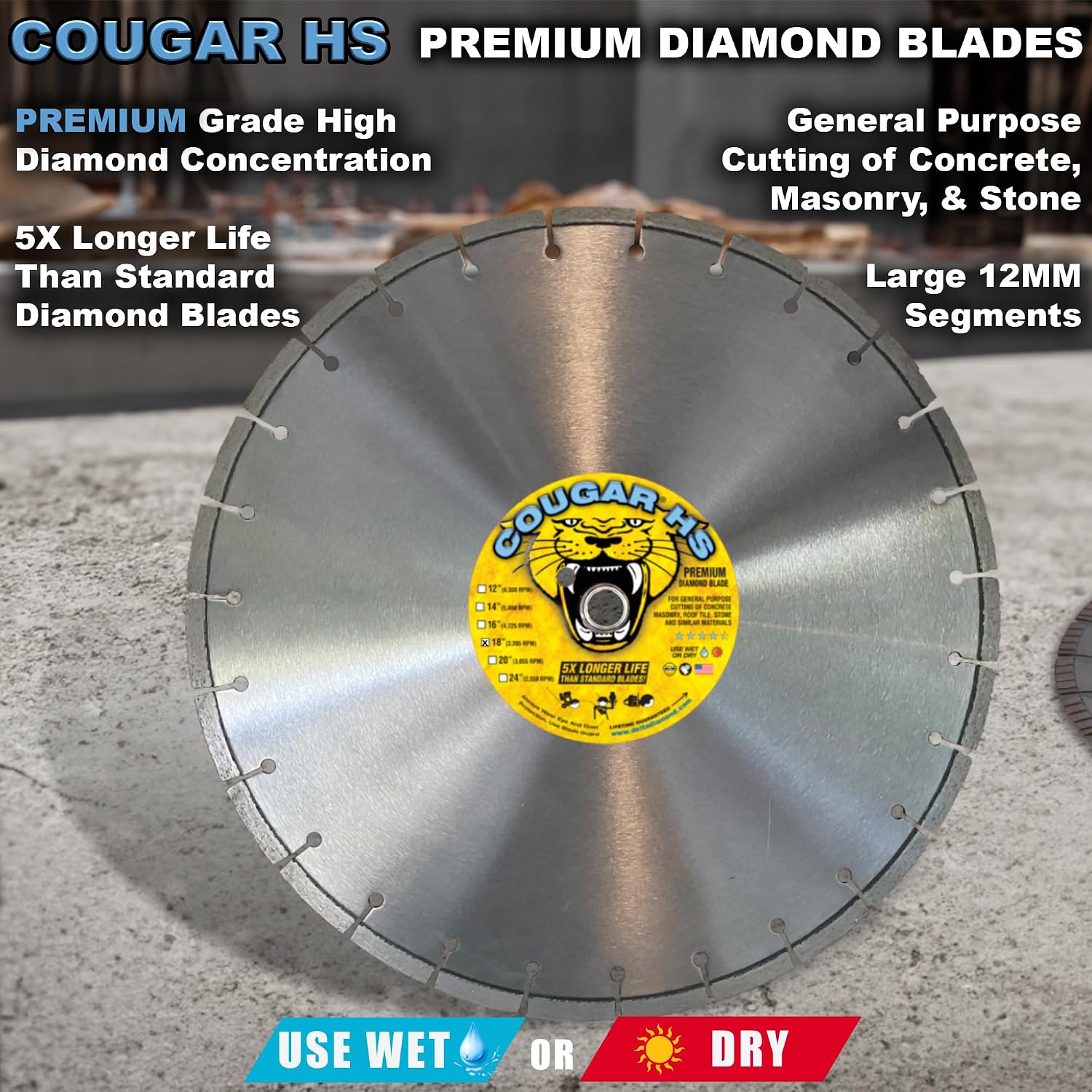 Cougar HS 18 Inch Diamond Concrete Saw Blade, Premium General Purpose Segmented Blade, Dry/Wet Cutting Concrete, Masonry, Brick, & Block 1' Arbor