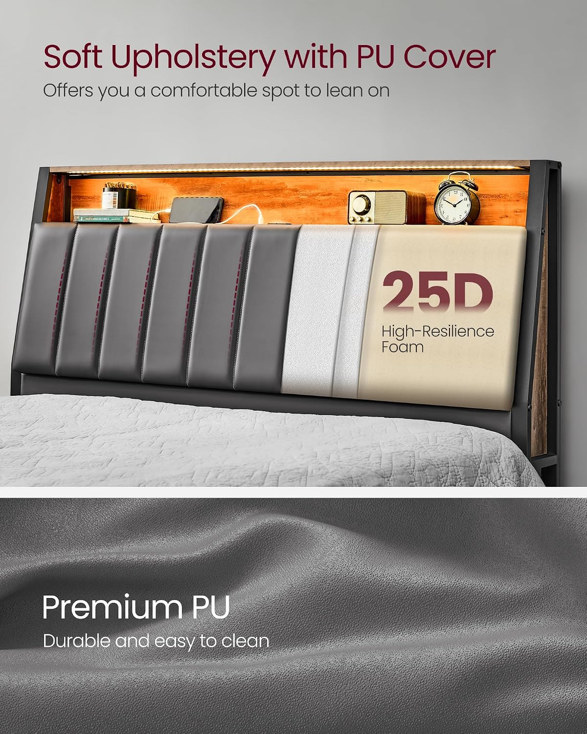 VASAGLE LED Bed Frame Queen Size, Storage Headboard and Charging Station, Queen Bed Frame with 2 AC Outlets, 1 USB Port, 1 Type-C Port, No Box Spring Needed, Dove Gray and Camel Brown URMB841G01