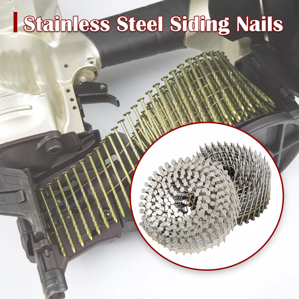 findmall 3600 Count 1-3/4-Inch x .090-Inch Ring Shank 304 Stainless Steel Siding Nails 15-Degree Collated Wire Coil Nails for Wood Siding or Fencing Applications
