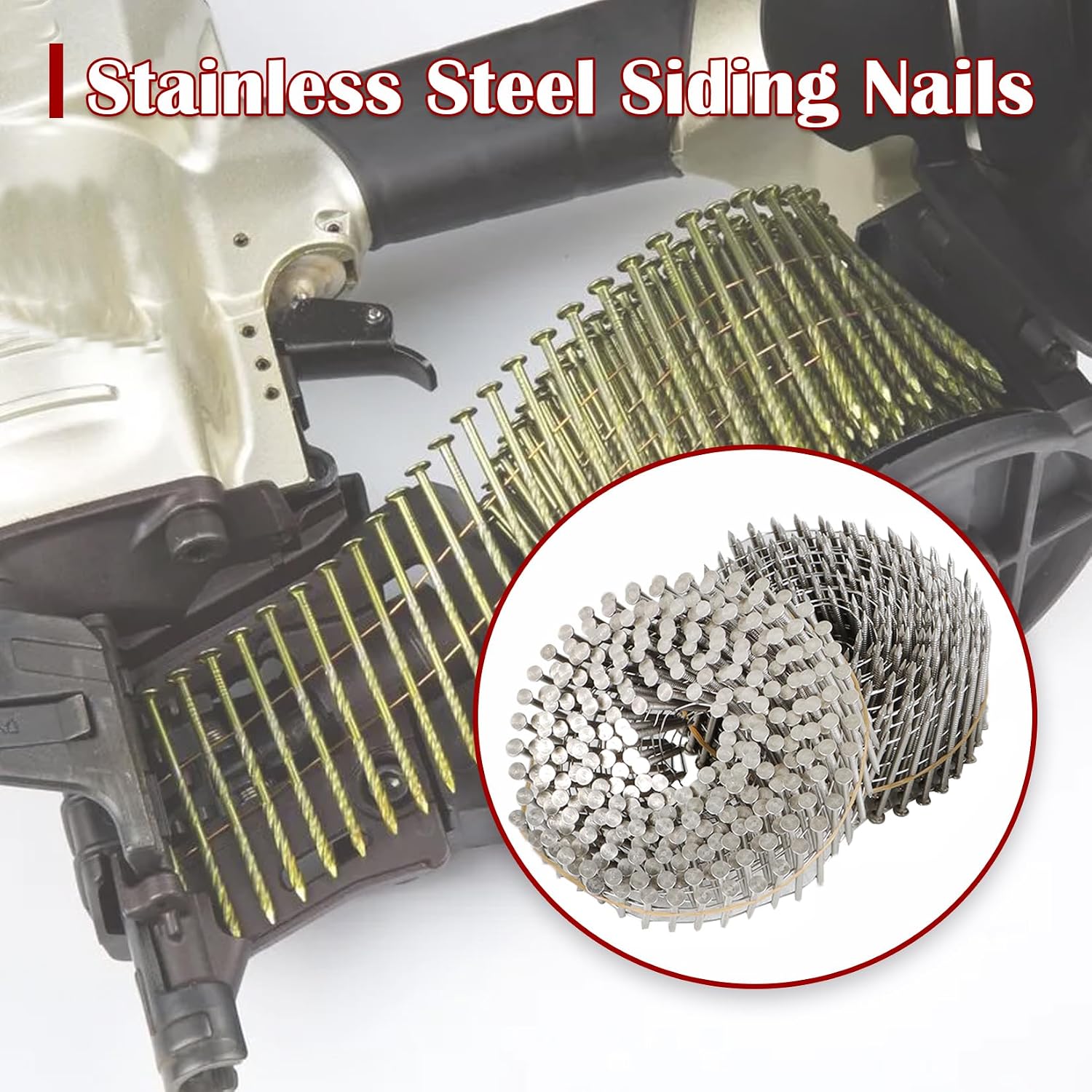 findmall 3600 Count 1-3/4-Inch x .090-Inch Ring Shank 304 Stainless Steel Siding Nails 15-Degree Collated Wire Coil Nails for Wood Siding or Fencing Applications