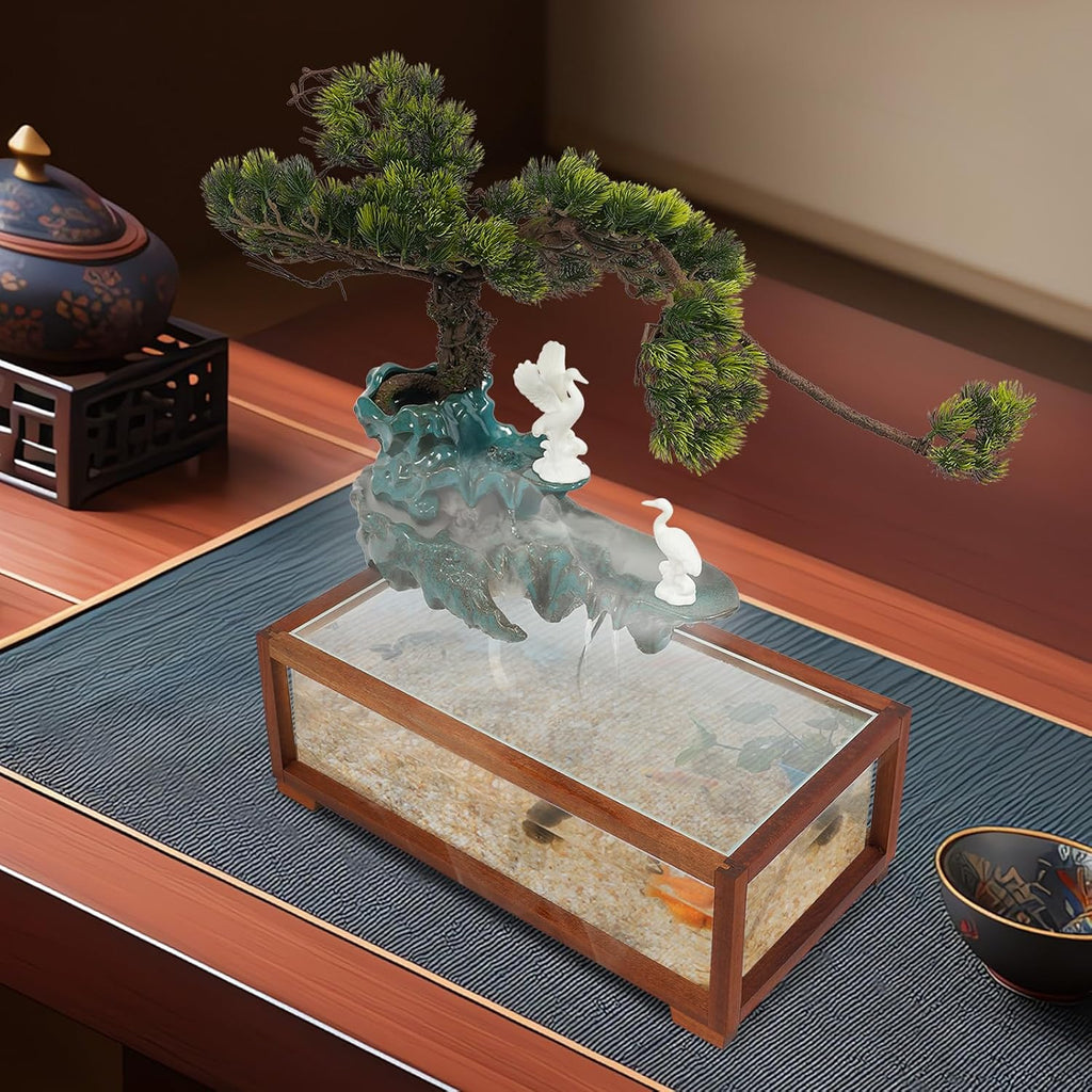 Tabletop Water Fountains Indoor Waterfall with Mist Fake Plants for Feng Shui Wealth Boom Desk Fountain with Fish Tank Pump Atomizer for Meditation in Living Room Bedroom Entrance Yoga Room