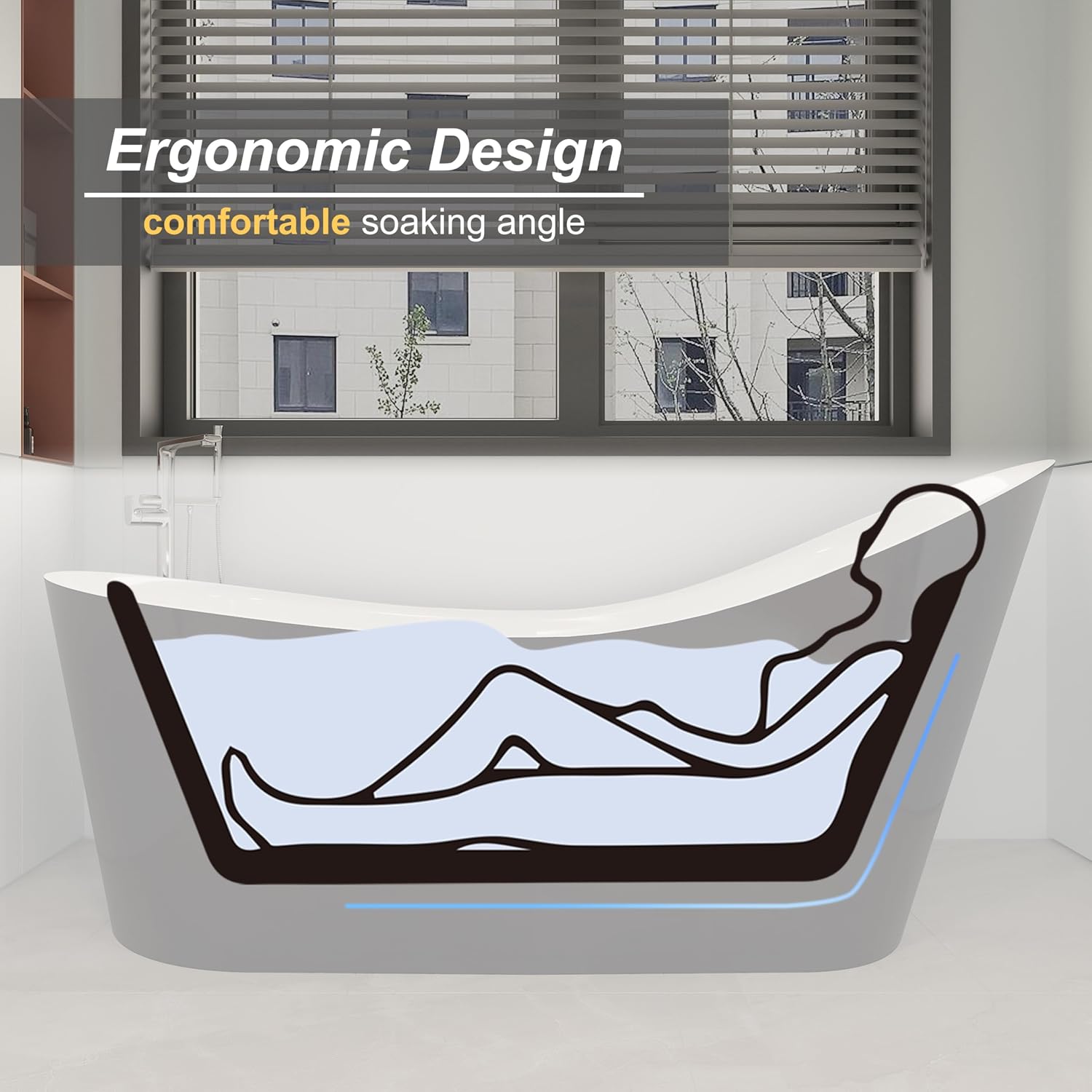 55' Black Modern Free Standing Soaking Slipper Bathtub, WHALEKING Luxury Stand Alone Deep Acrylic Hot Tub with Chrome Overflow&Drain, Matte Black