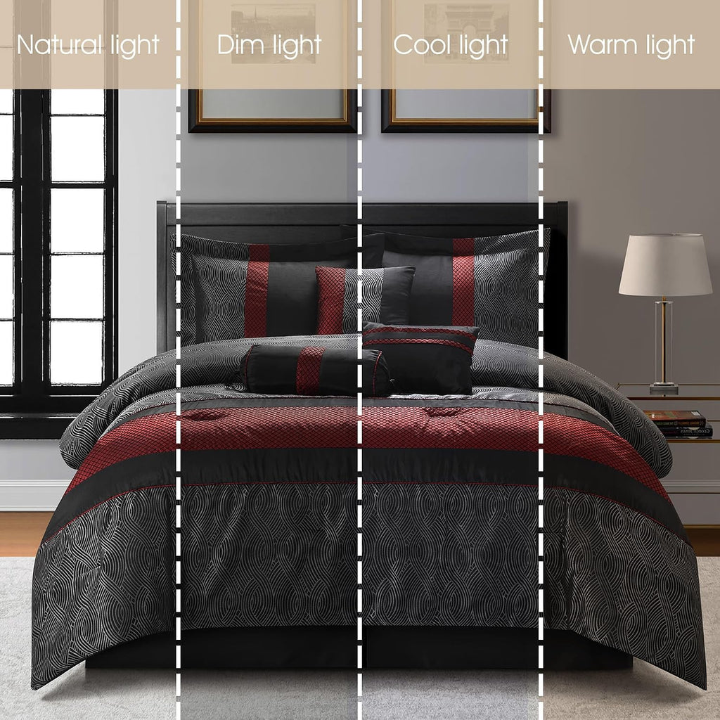 Grand Avenue Red and Black Comforter Set Full, Jacquard & Flocking Technique, Modern Design All Season Striped Bedding Sets, 7 Pieces Home Décor