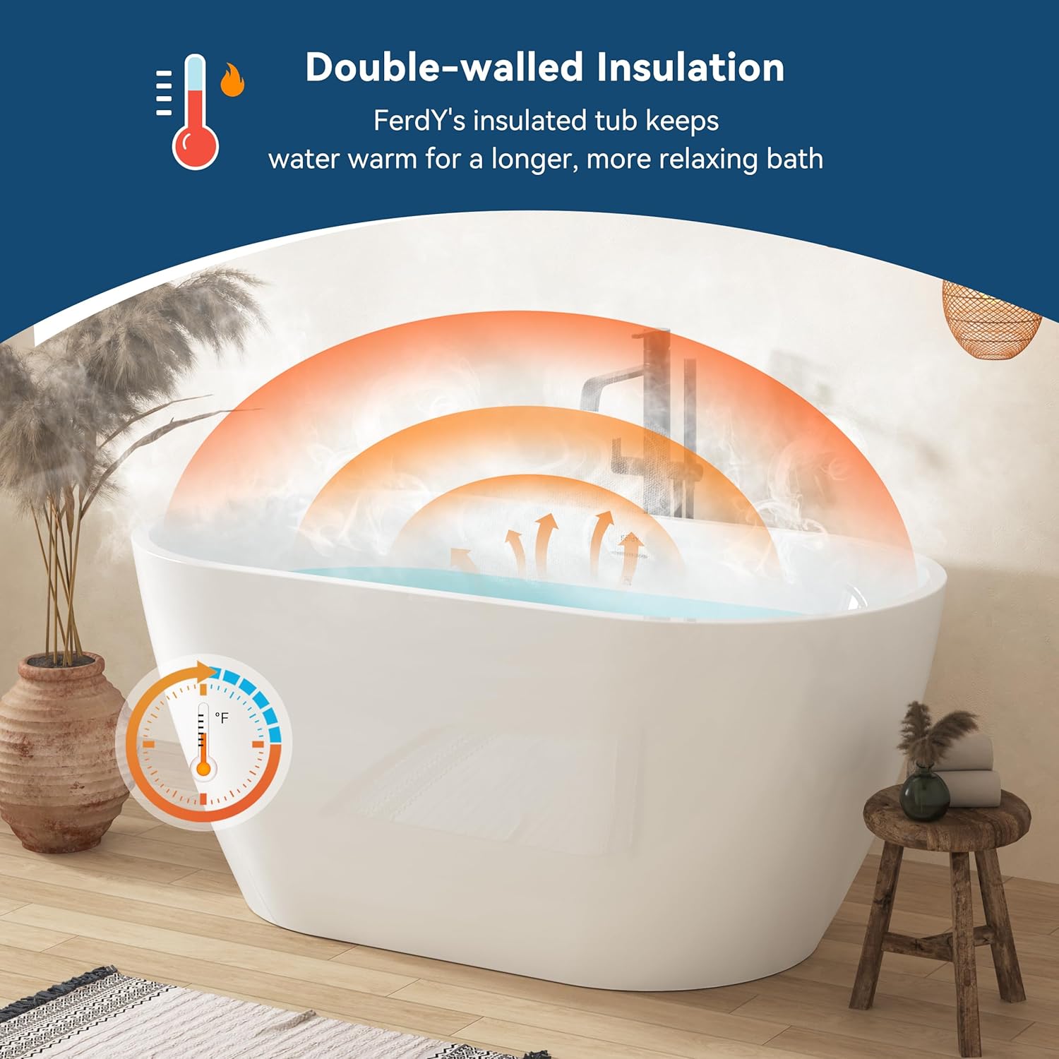 FerdY 55' Bali Acrylic Freestanding Bathtub, Gracefully Shaped Freestanding Soaking Bathtub, cUPC Certified, Toe-Tap Matte Black Drain and Matte Black Overflow Included