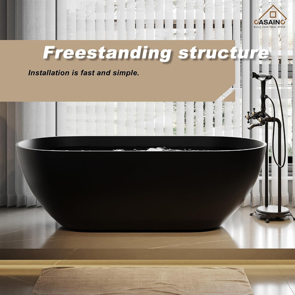 CASAINC 69' Free Standing Tub, Oval-Shaped Stone Resin Freestanding Bathtub Matte Black Solid Surface Soaking Tub with Drain, Drain Hose & Sanding Paper