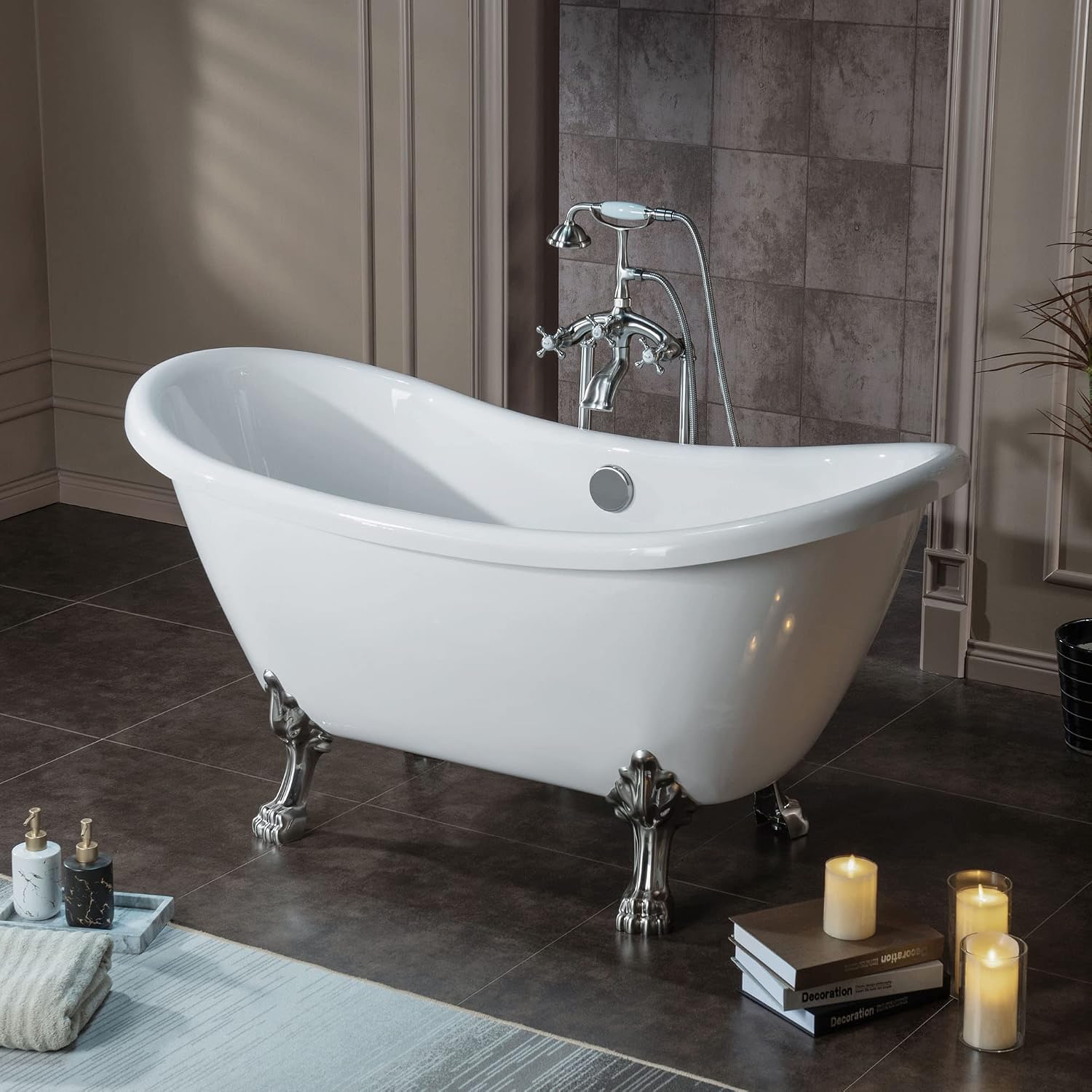 WOODBRIDGE All Inclusive Package 59' Heavy Duty Acrylic Double Slipper Clawfoot Bath Tub with Brushed Nickel Feet+B/N Drain &Overflow+B/N Faucet