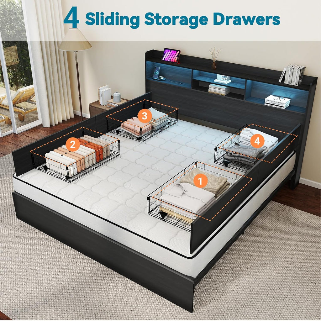 Kiivakii Queen Size Bed Frame with 4 Storage Drawers, LED Headboard with Charging Station, Metal Bed Frames, No Box Spring Needed, Noise Free, Stable and Solid, Black