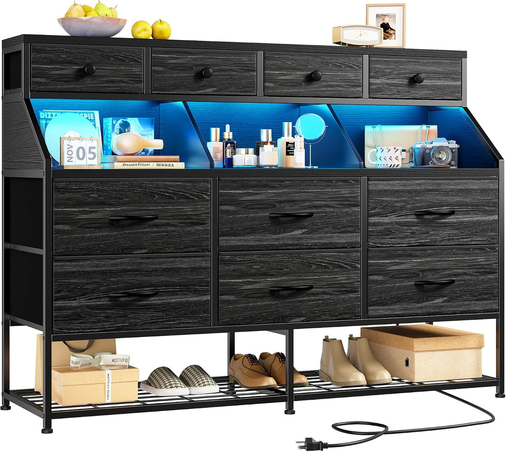 EnHomee Dresser for Bedroom with 10 Drawers & Shoe Rack Fabric Dressers & Chests of Drawers with LED Lights and Power Outlets Bedroom Dresser for Entryway, Hallway(Charcoal Black)