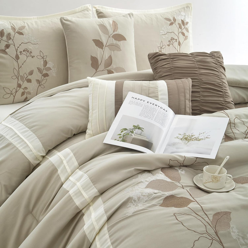 Grand Avenue Beige Comforter Set King Size, 7 Piece Embroidery Bedding Set, Pillow Sham, Bedskirt, Decorative Pillow, Floral Comforters, Home Decor