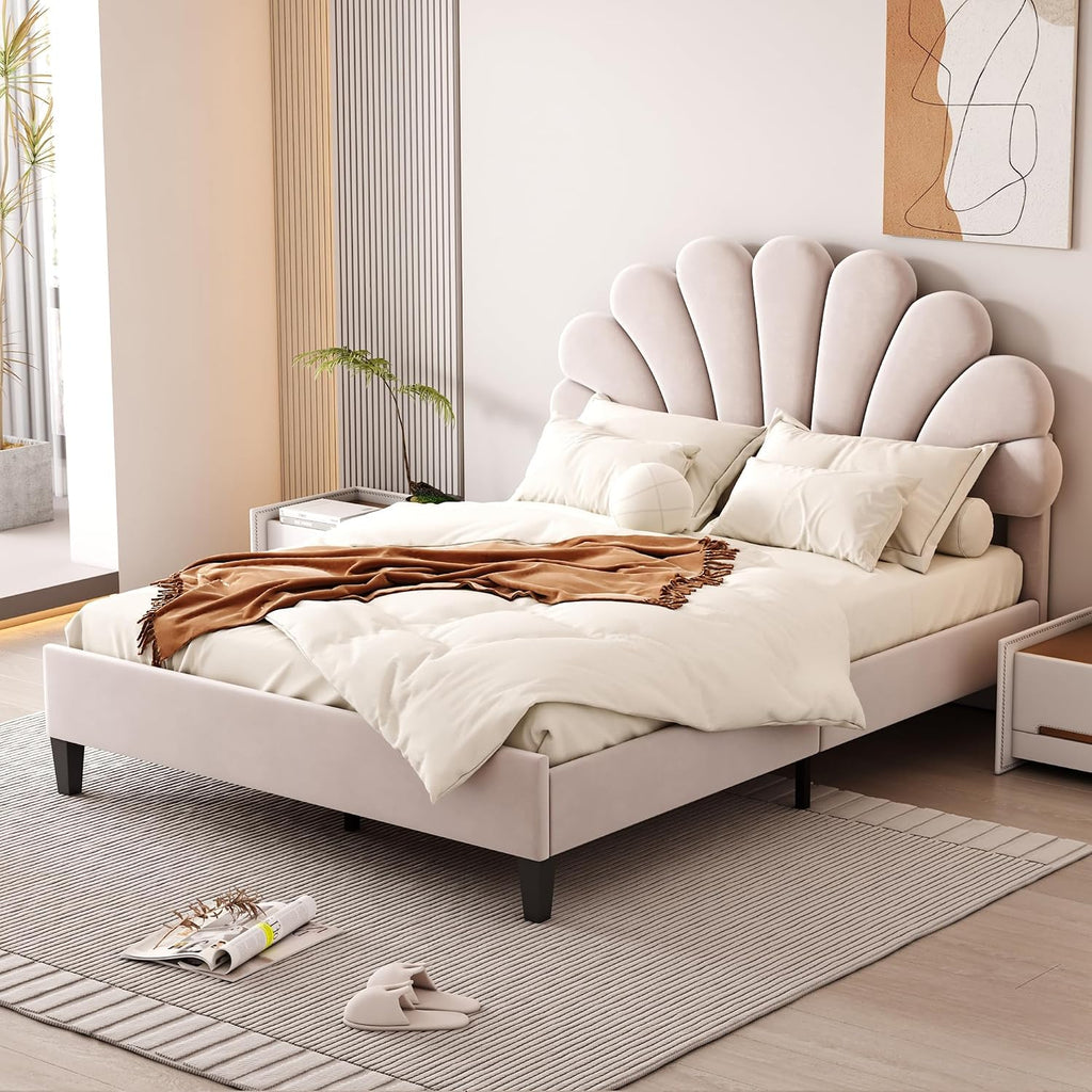 Full Size Velvet Upholstered Platform Bed with Flower Pattern Headboard,Bed Frame W/Wood Slat Support,for Bedroom,Apartment,Guest Room,Beige