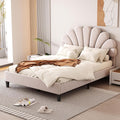 Full Size Velvet Upholstered Platform Bed with Flower Pattern Headboard,Bed Frame W/Wood Slat Support,for Bedroom,Apartment,Guest Room,Beige