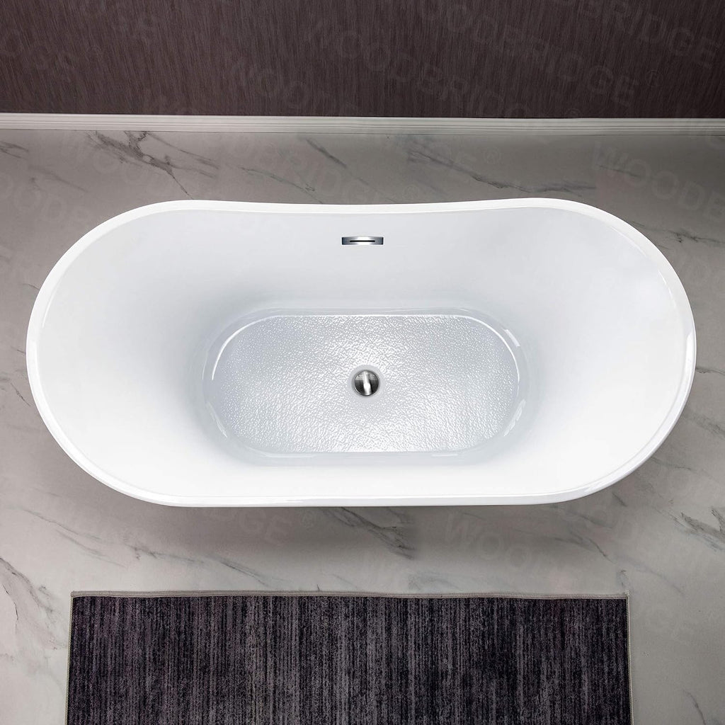 WOODBRIDGE 59'Freestanding White Acylic Soaking Bathtub with Chrome Drain and Overflow,B0011-CH