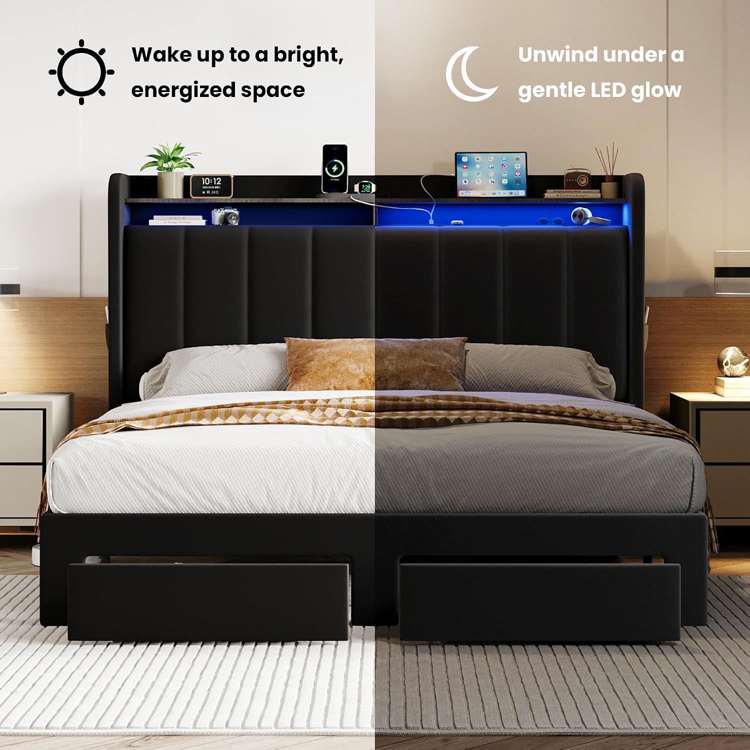 SHA CERLIN Velvet Queen Bed Frame with Vertical Channel Tufted Wingback Headboard & 2 Storage Drawers/2-Tier Shelves with LED Lights & Charging Station/Noise-Free/No Box Spring Needed/Black