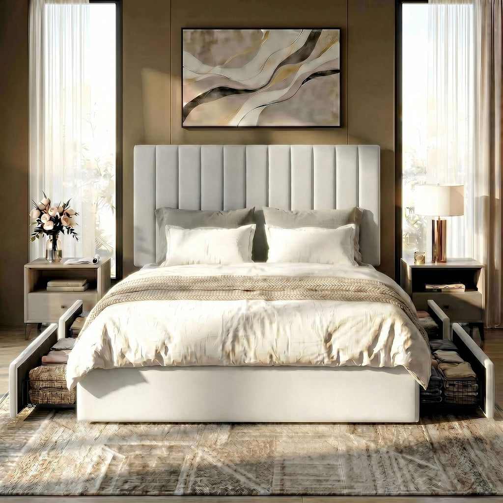 SHA CERLIN Full Size Platform Bed Frame with 4 Storage Drawers, Vertical Channel Tufted Adjustable Headboard, Velvet Upholstered, Wooden Slats Support, No Box Spring Needed, Easy Assembly, White
