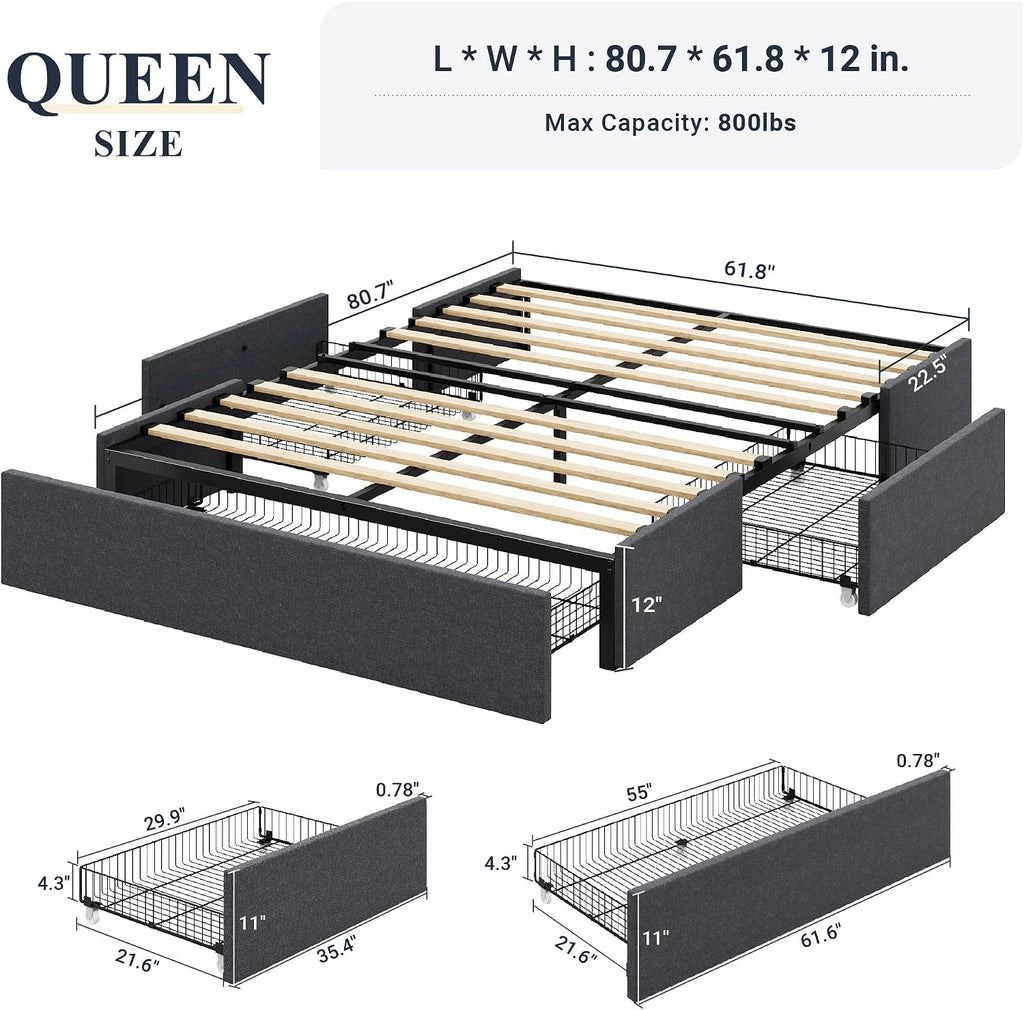 Allewie Queen Size Platform Bed Frame with 3 Storage Drawers, Fabric Upholstered, Wooden Slats Support, No Box Spring Needed, Noise Free, Easy Assembly, Dark Grey