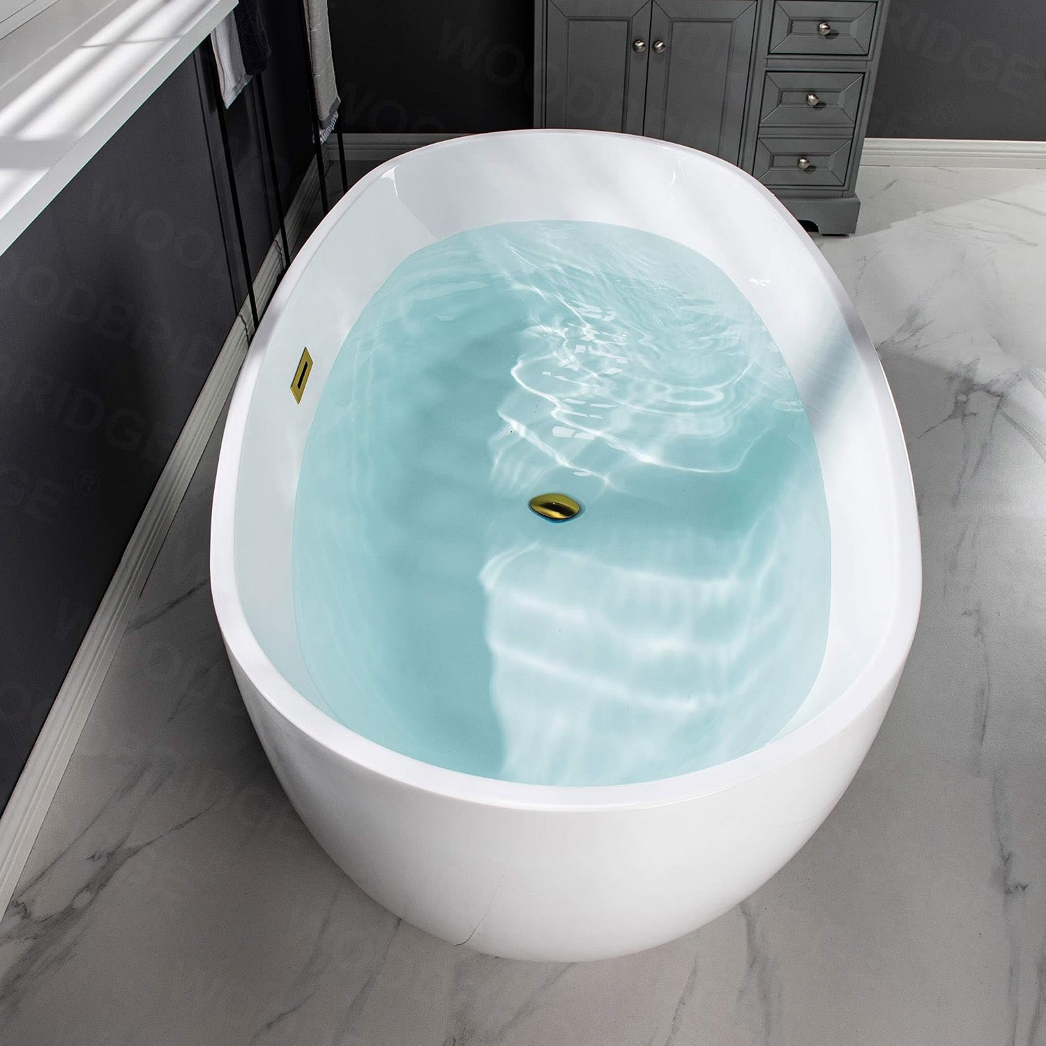 WOODBRIDGE 59'Freestanding White Acylic Soaking Bathtub with Brushed Gold Drain and Overflow,BTA1518 -BG-Drain &O