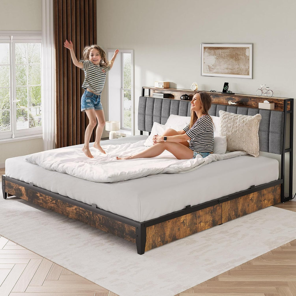 YITAHOME Queen Size Bed Frame with RGB LED Lights and 4 Drawers, Upholstered Platform Bed with Charging Station and Storage Headboard, No Box Spring Needed, Noise-Free, Fast Assembly, Rustic Brown