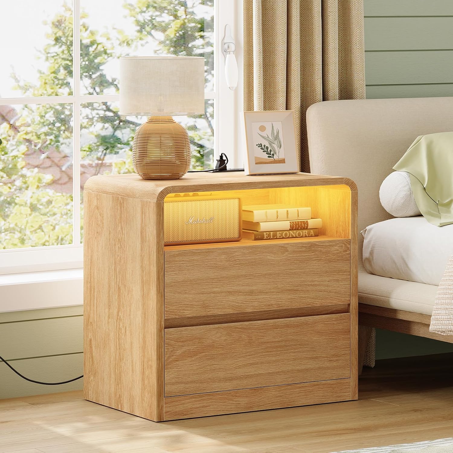 TEENFON Nightstands Set of 2 with Charging Station & LED Lights, Curved Corner Bedside Table 21.7' W, 2 Drawers & Open Shelf, USB-C & USB Ports, Natural, Storage End Table for Bedroom/Living Room