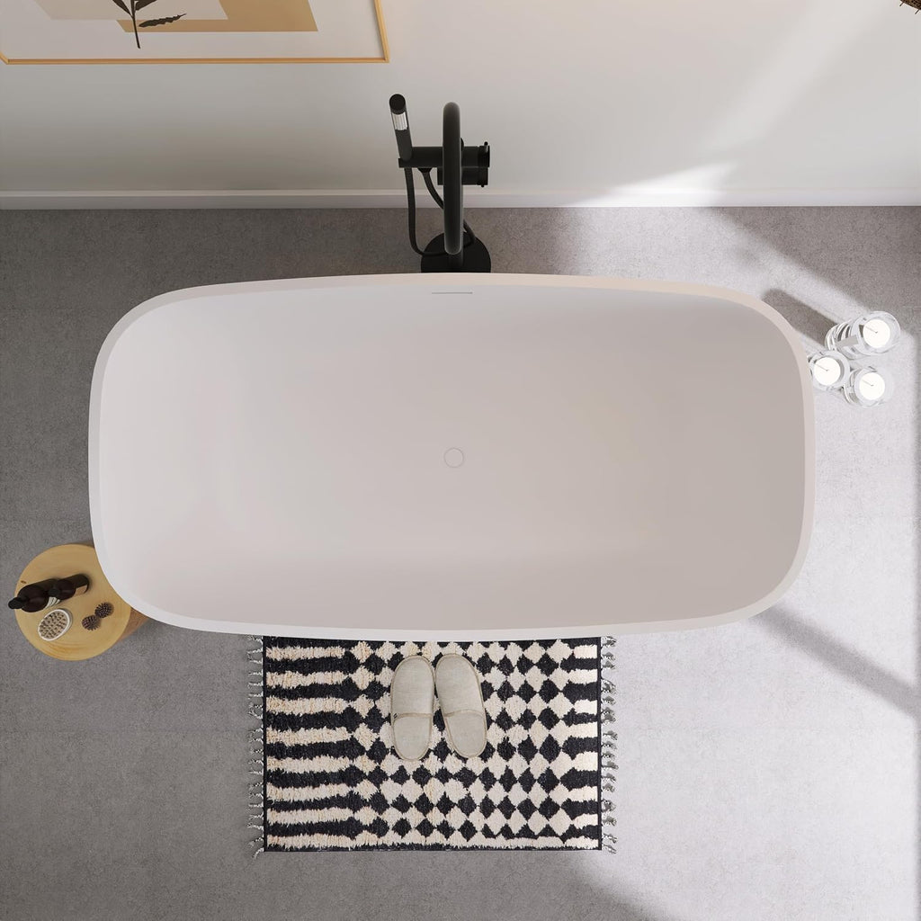 SJ STAR&JANE Solid Surface Freestanding Bathtub, 59' Stone Resin Oval Soaking Tub with Overflow & Pop-up Drain, Modern Stand Alone Tub in Matte White Finish for Bathrooms