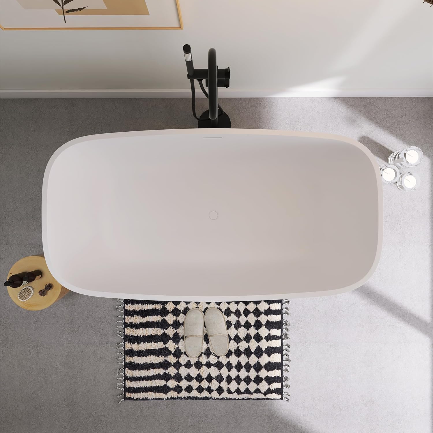 SJ STAR&JANE Solid Surface Freestanding Bathtub, 59' Stone Resin Oval Soaking Tub with Overflow & Pop-up Drain, Modern Stand Alone Tub in Matte White Finish for Bathrooms