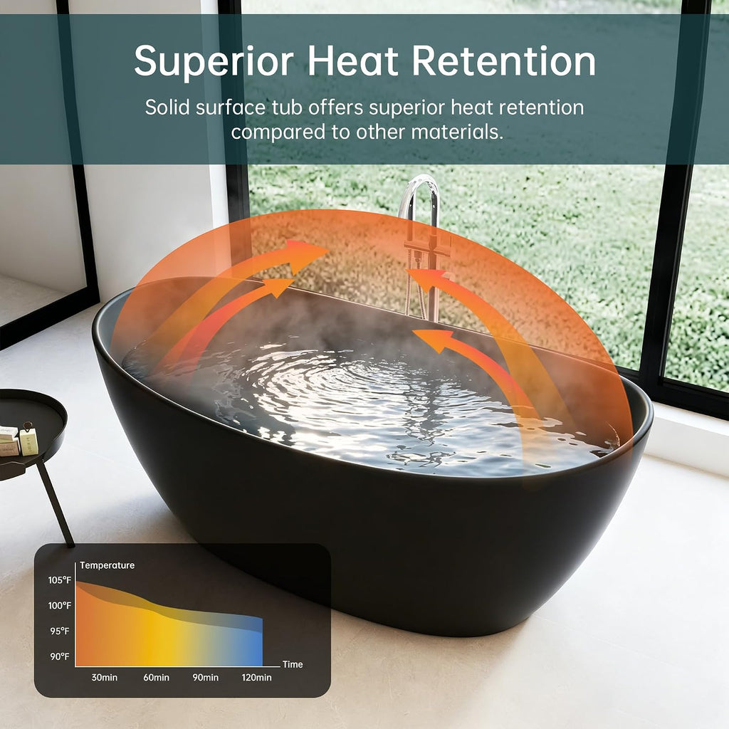 65' Stone Resin Black freestanding bathtubs，Transparent Oval Freestanding Tub Deep Soaking Bathtub Modern Tubs with Overflow and Pop-up Drain in Black
