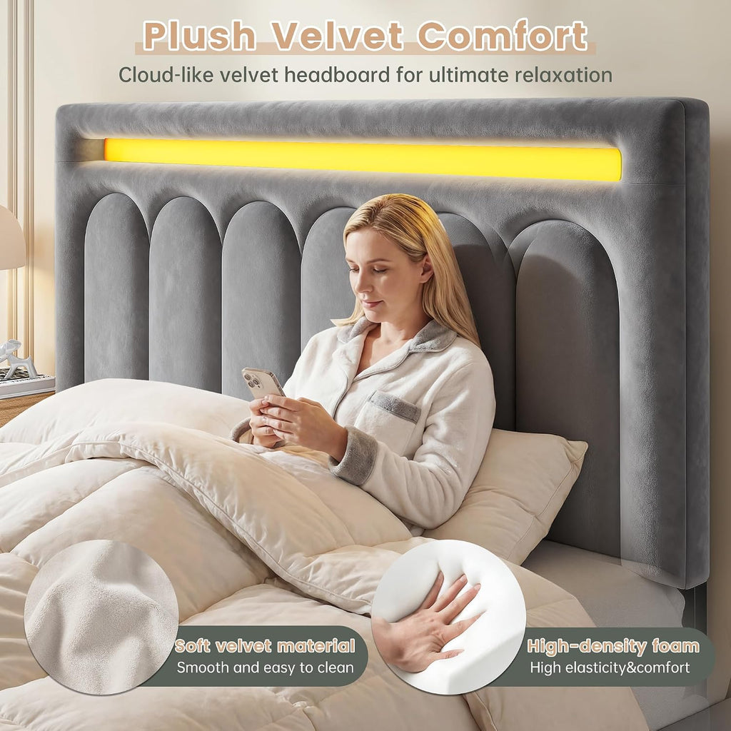 Homkdom Velvet Upholstered Full Size Bed Frame with 4 Storage Drawers, Vertical Arched LED Headboard, Sturdy Wood Slats Support, No Box Spring Needed, Grey