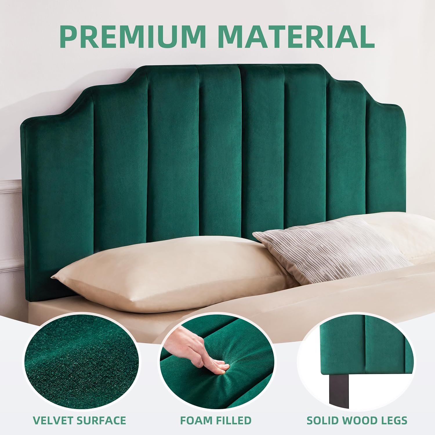Huatean Home Velvet Upholstered Headboard Queen, Tufted Headboard, Elegantly Curved Queen headboard only,Soft Padded headboards, Modern Vertical Channel Design Head Board, Dark Green