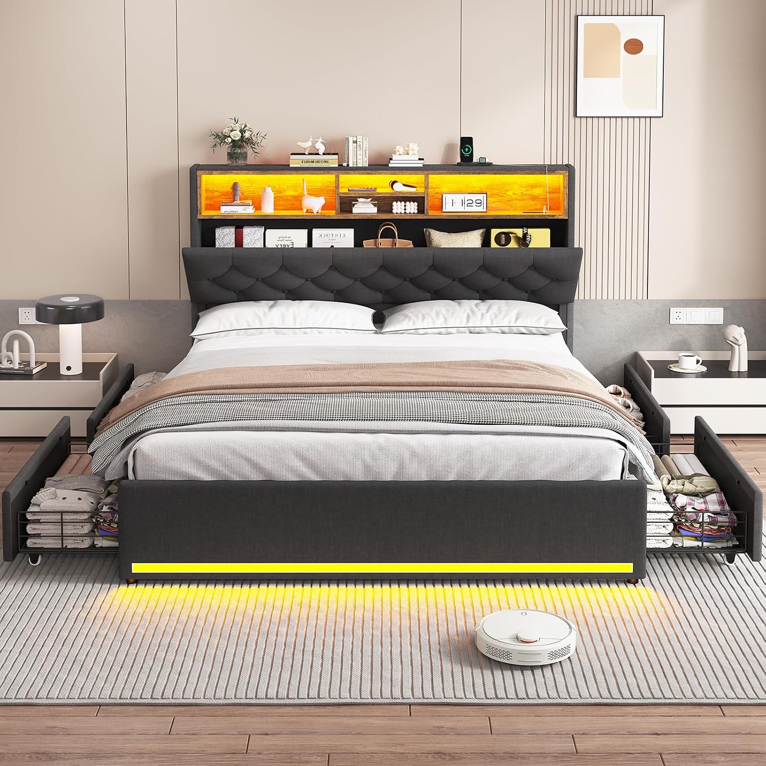 HAUOMS Queen Bed Frame with Hidden Storage Headboard and 4 Drawers, Upholstered Platform Bed Frme Queen Size with LED Lights & Charging Station, No Box Spring Needed, Noise-Free, Dark Grey