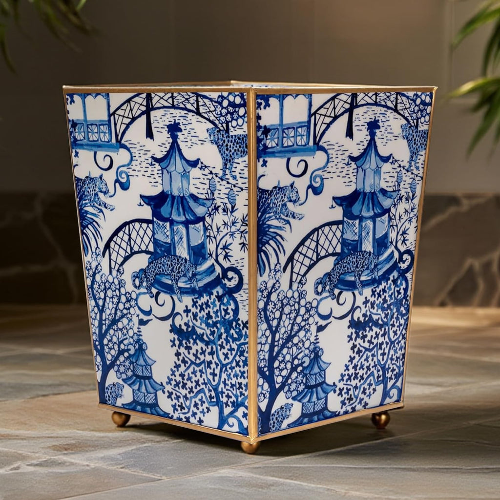 Jaye's Studio Garden Party Decorative Gold Waste Basket for Bathroom Trash Can no Lid, Bedroom Garbage Can Square Office Trash Bin, Vanity Enamel White & Blue Bathroom Trash Can Gold Feet, 9 inch Wide