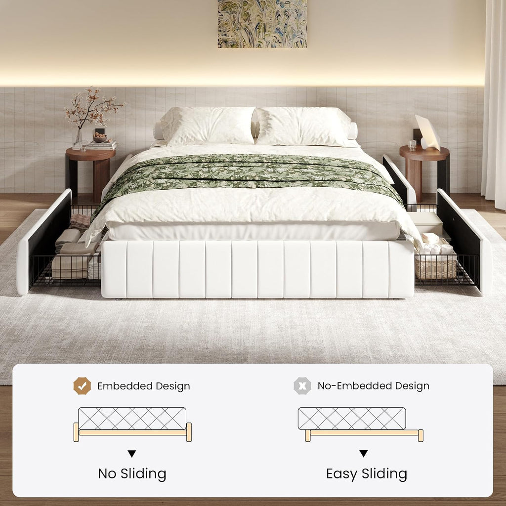 SHA CERLIN Full Size Velvet Upholstered Platform Bed Frame with 4 Storage Drawers, Vertical Channel Tufted, Low Profile, Fits Standard Headboards, Wooden Slats Support, Easy Assembly, White
