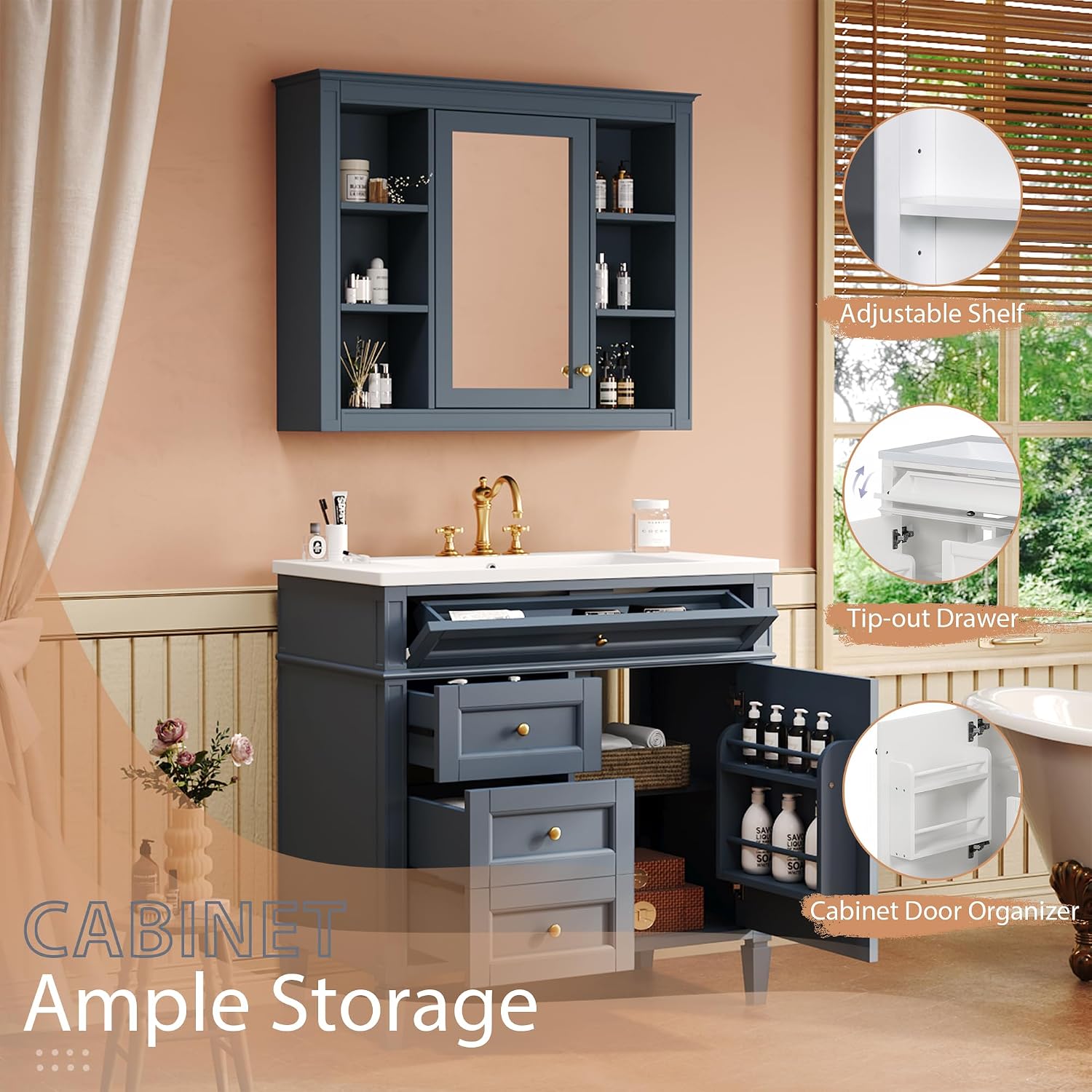 Merax 36'' Bathroom Vanity with Medicine Cabinet, Royal Blue Mirror Cabinet, Modern Bathroom Storage Cabinet with 2 Soft Closing Doors and 4 Drawers, Blue