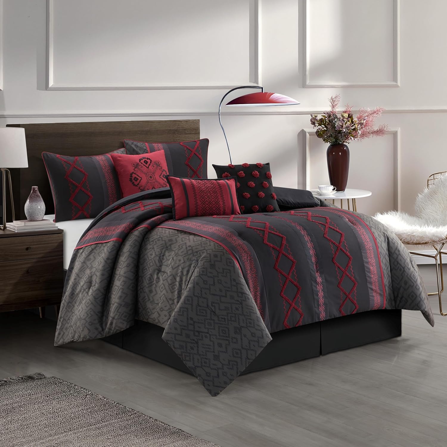 Stratford Park Luxury 7 Piece Cozy Comforter Set, Queen Size, Black and Red, Embroidered Bedding Sets, Premium Microfiber, All Season Home Décor