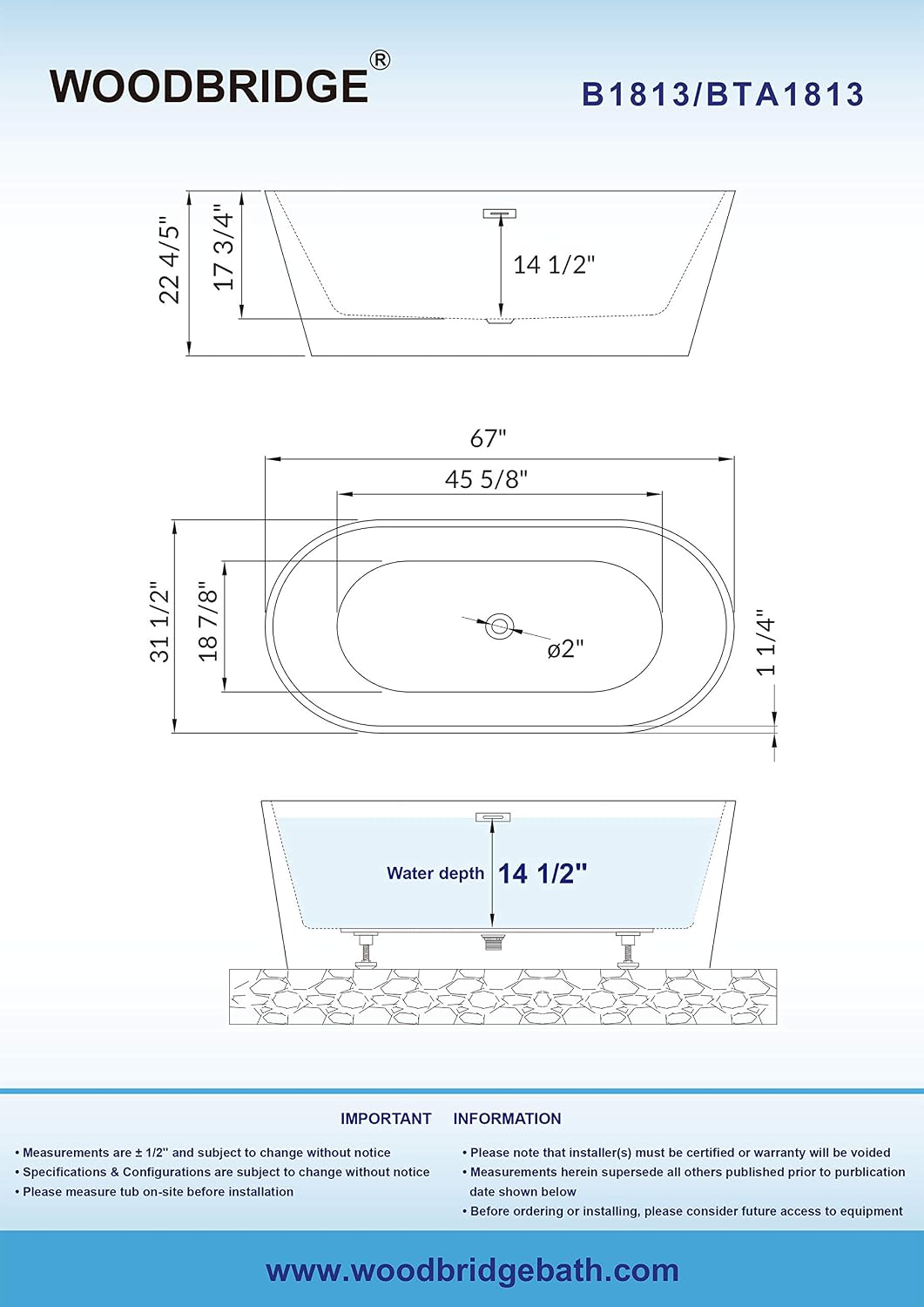WOODBRIDGE 67' Acrylic Freestanding Bathtub Contemporary Soaking Tub, Black Acrylic (Brushed Nickel Drain/Overflow),B1813 Black -B/N-Drain &O