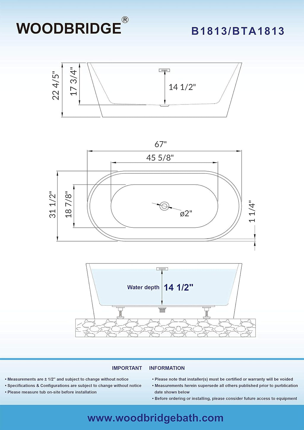 WOODBRIDGE 67' Freestanding Acylic Soaking Bathtub with White, Drain and Overflow in Matte, BTA1813-MB-Drain &O, Matte Black
