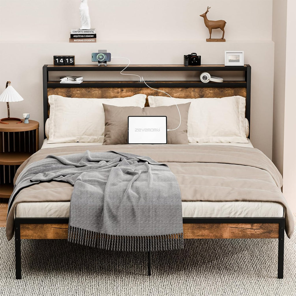 Zevemomo Queen Size Bed Frame with Headboard, Headboard with Charging Station, 2 USB Port & 2 AC Power Outlet, Queen Metal Platfrom Bed Frames No Box Spring Needed, Sturdy & Assembly, Brown