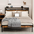 Zevemomo Queen Size Bed Frame with Headboard, Headboard with Charging Station, 2 USB Port & 2 AC Power Outlet, Queen Metal Platfrom Bed Frames No Box Spring Needed, Sturdy & Assembly, Brown