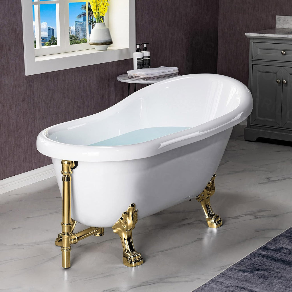 WOODBRIDGE 54' Heavy Duty Acrylic Slipper Clawfoot Bath Tub with Polished Gold Feet + Polished Gold Drain &Overflow