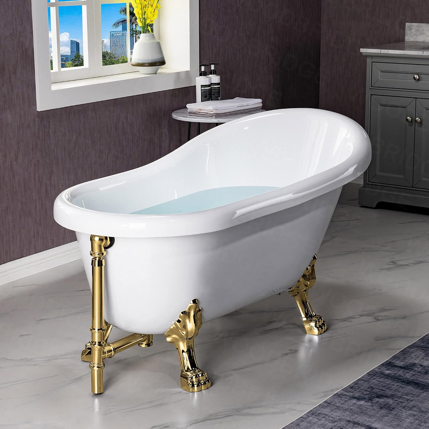 WOODBRIDGE 54' Heavy Duty Acrylic Slipper Clawfoot Bath Tub with Polished Gold Feet + Polished Gold Drain &Overflow