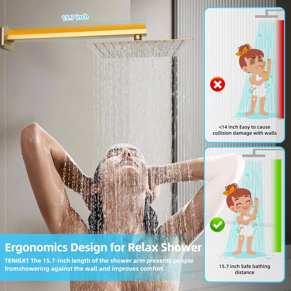 Bathroom Shower Faucet Set，12 Inch Rain Shower Head with Handheld Spray，Brass Shower Valve Trim Kit，Wall Mounted Square Rain Shower System (Brushed Gold)
