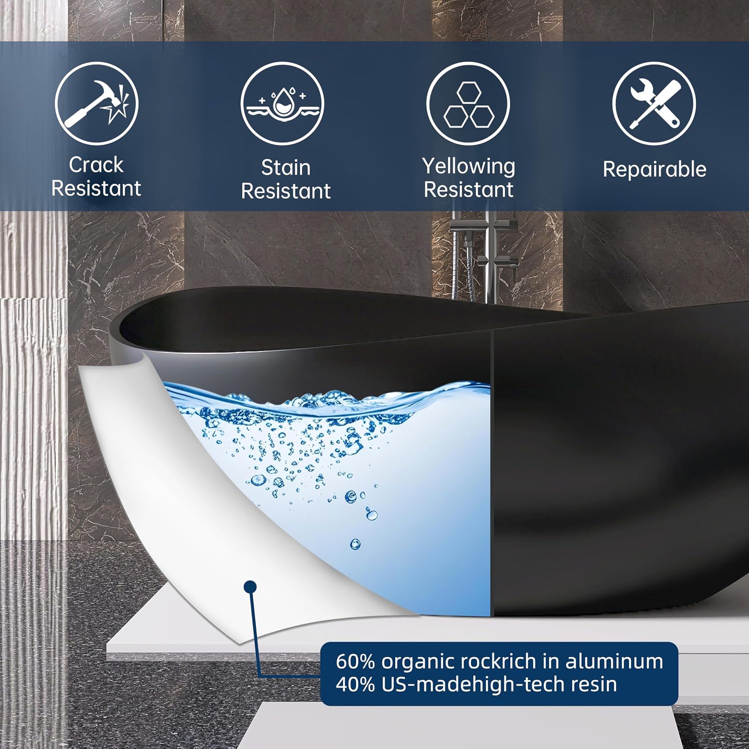 63'' Black Bathtub,Stone Resin Solid Surface Freestanding Bathtub, Modern Elegant Design Soaking Stand Alone Tub, Matte Black, Drain and Overflow Included