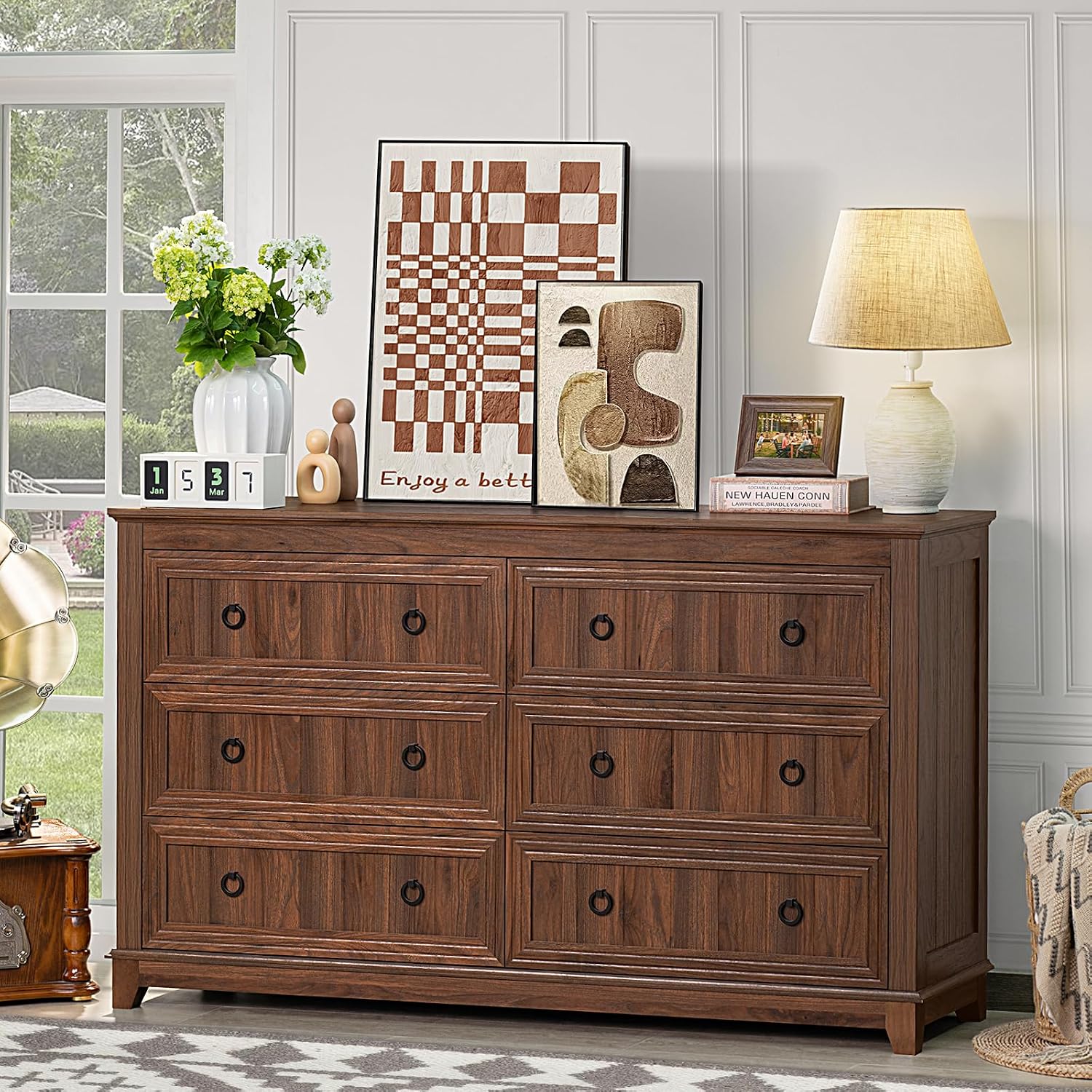 Joaxswe Farmhouse Dresser and Nightstand Sets 2 Piece, Nightstands and 6 Drawers Dressers for Bedroom, 54' Wide Dresser and 18' Inch Night Stand Set for Bedroom, Living Room, Hallway