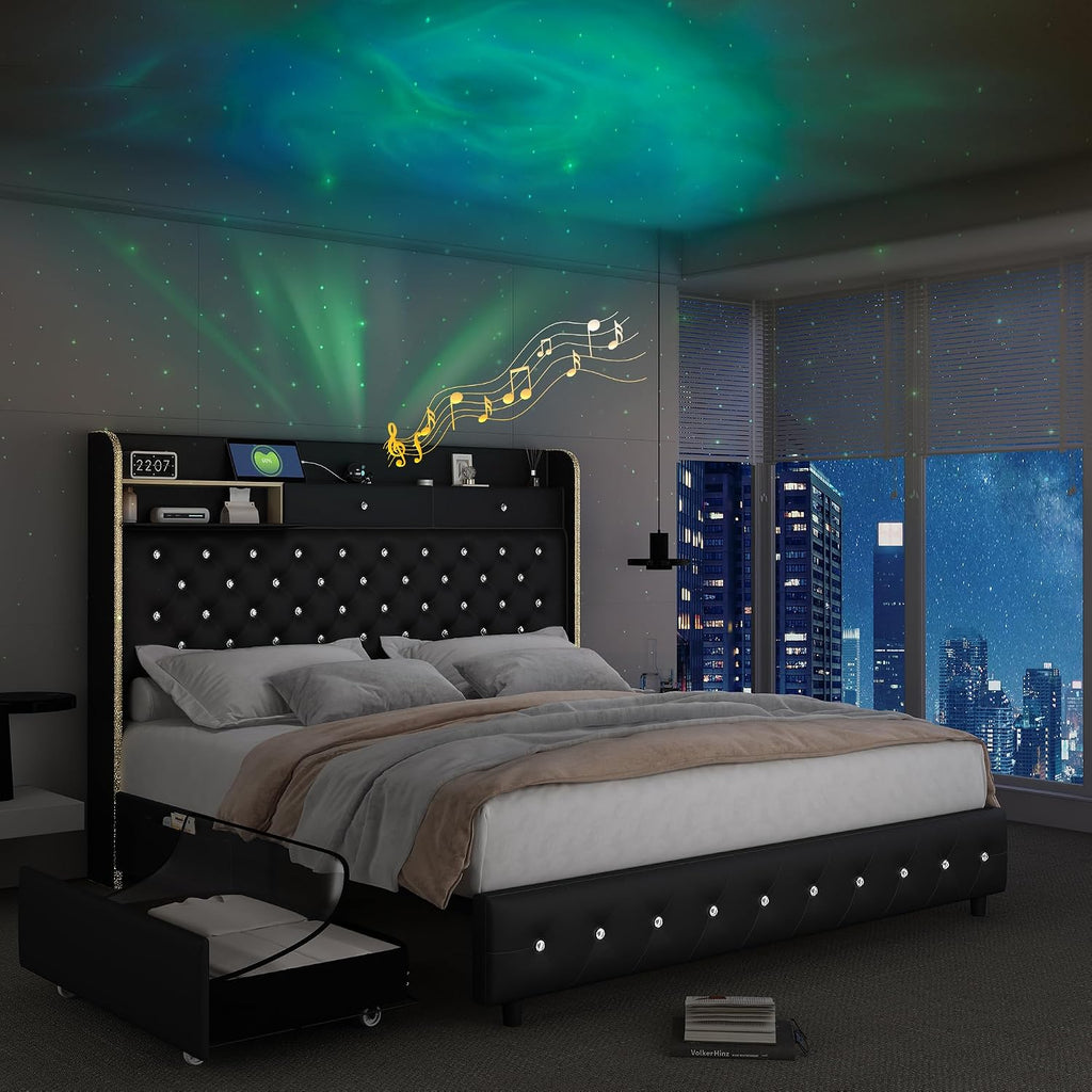 Full Led Bed Frame with Galaxy Aurora Star Projector, Full Size Platform Bed with 2 Storage Drawers, 52' Diamond Upholstered Headboard with Charging Station, Noise Free, No Box Spring Needed, PU Black