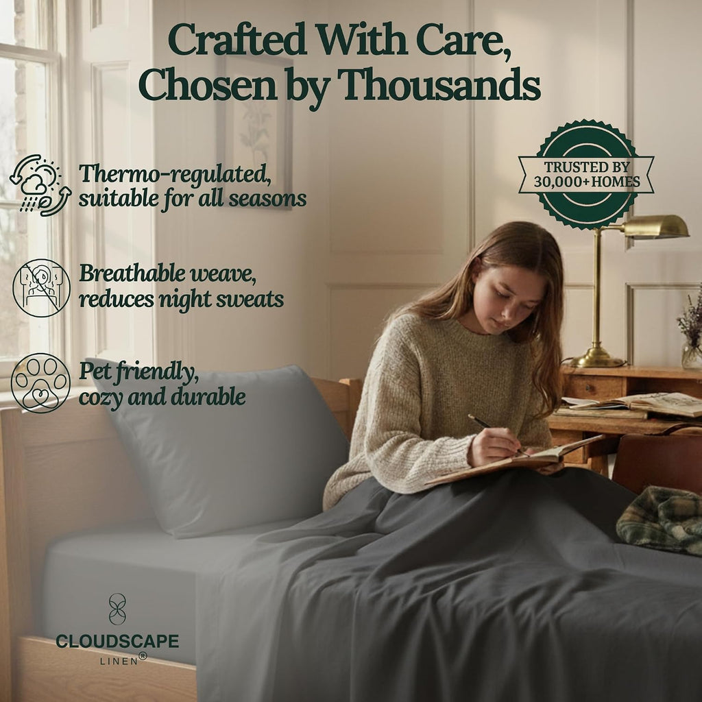 CLOUDSCAPE 100% Egyptian Cotton Sheets Twin XL Size, 3 Pieces Breathable and Naturally Cooling Bedding Set, Long-Staple Cotton for Ultra Soft, Deep Pocket Fitted up to 16', Charcoal