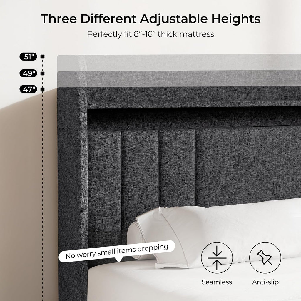 Koorlian Queen Size Upholstered Bed Frame with 2-tier Storage Headboard and 4 Dustproof Drawers, 51'' Tall LED Platform Bed Frames with Adjustable Headboard, USB/Type-C Charging and Side Storage, Grey